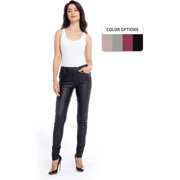 Women's Faux Leather Jeggings Stretchy Skinny Pants High Waist Plus Size - Picture 2 of 5